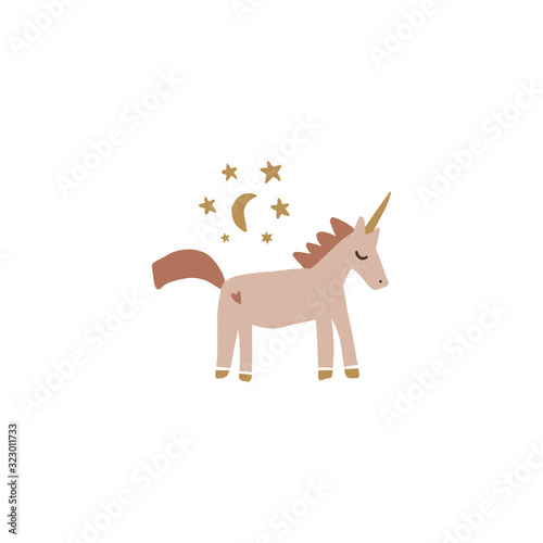 Cute isolated stylish boho moon unicorn composition. Good night concept. Magical animals. Pastel colors. Pony nursery print. Vector