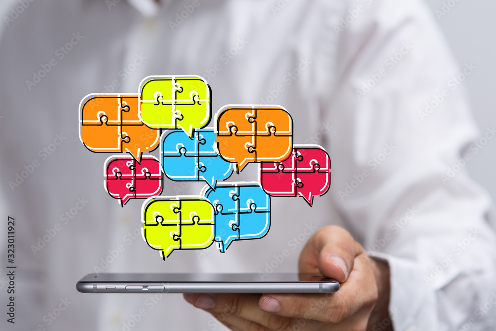 Digital icons with colorful dialog speech bubbles.