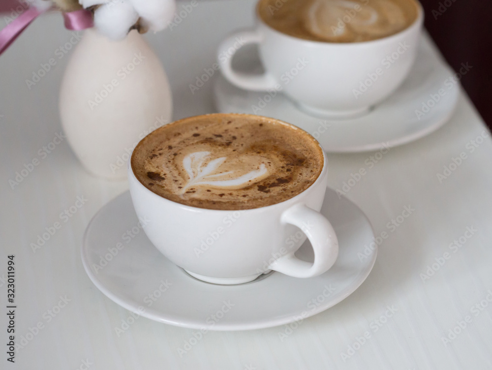 Obraz premium Food. Cup cappuccino coffee, wooden table