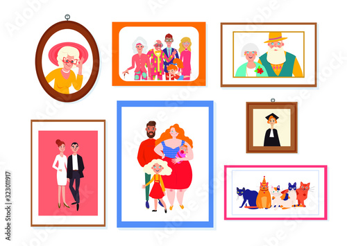 Set of family picture frames arranged on a wall. Various scenes with colorful pictures and cartoon vector family members depicted in different shaped frames.