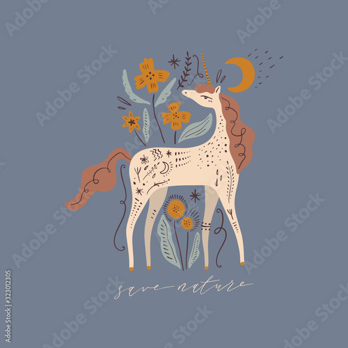 Cute isolated stylish boho moon unicorn composition. Good night concept. Magical animals. Pastel colors. Pony nursery print. Vector