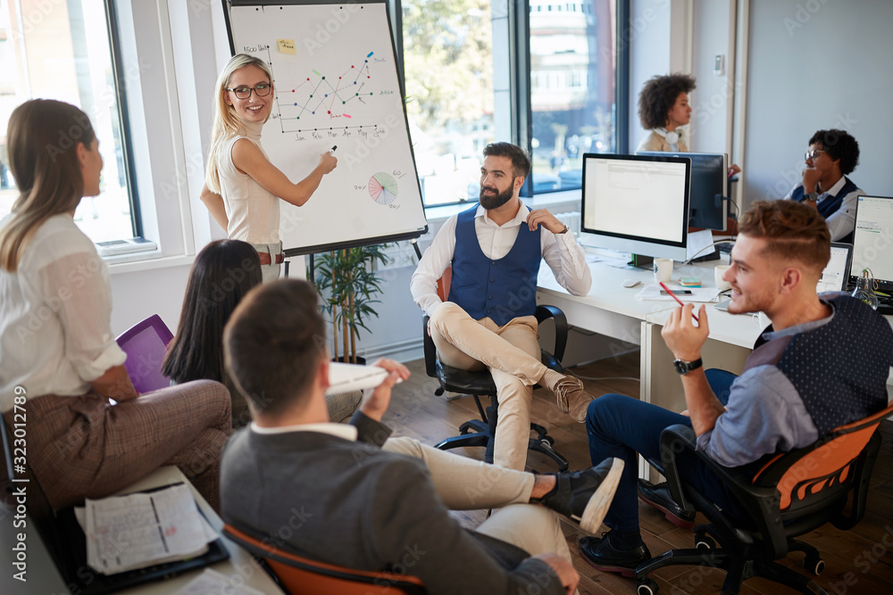 young business woman showing plan on whiteboard to coworkers . business brief concept