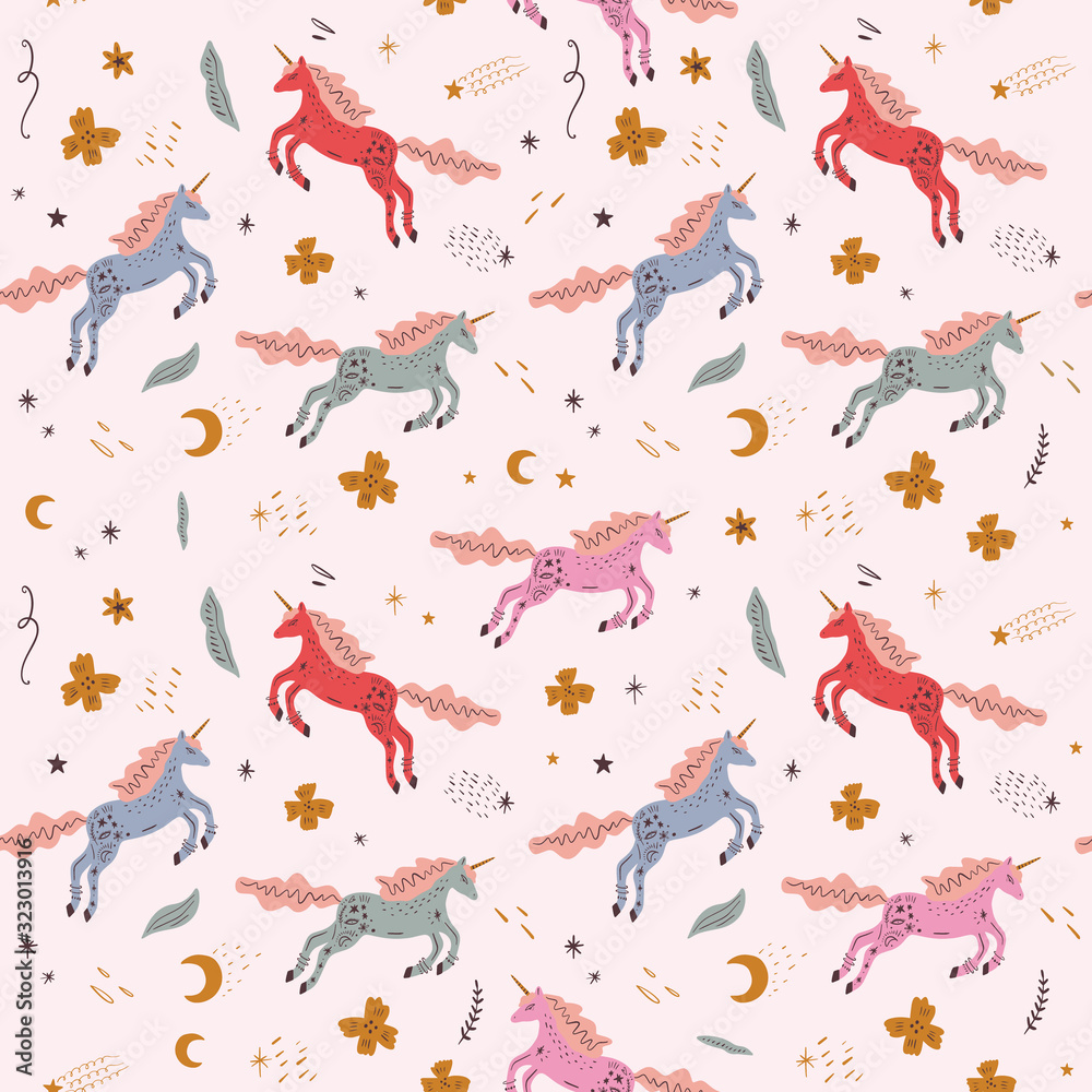 Fototapeta premium Cute isolated stylish boho unicorns seamless pattern design. Good night concept. Magical animals. Pastel colors. Pony nursery print. Vector