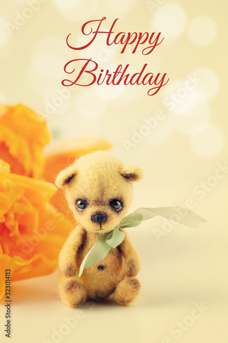 Teddy bear, tulips, text Happy Birthday © 8H