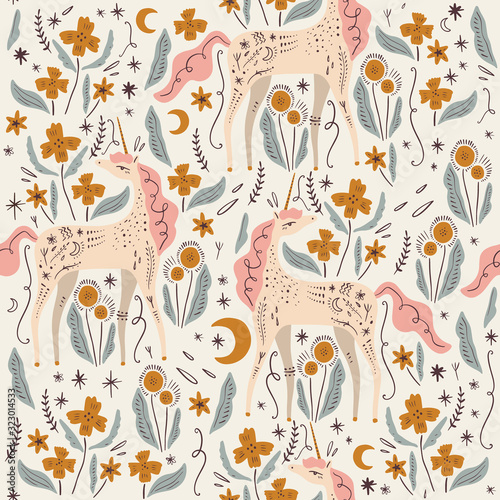 Cute isolated stylish boho unicorns seamless pattern design. Good night concept. Magical animals. Pastel colors. Pony nursery print. Vector