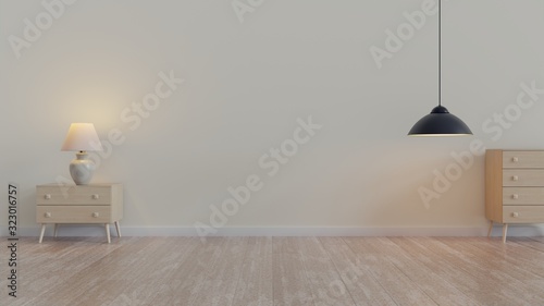 Cream color pastel modern living room design with cabinet and wooden floor and light lamp. 3d rendering