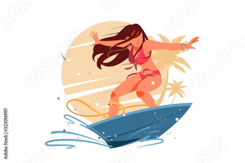 Attractive young girl silhouette surfing on surfboard.