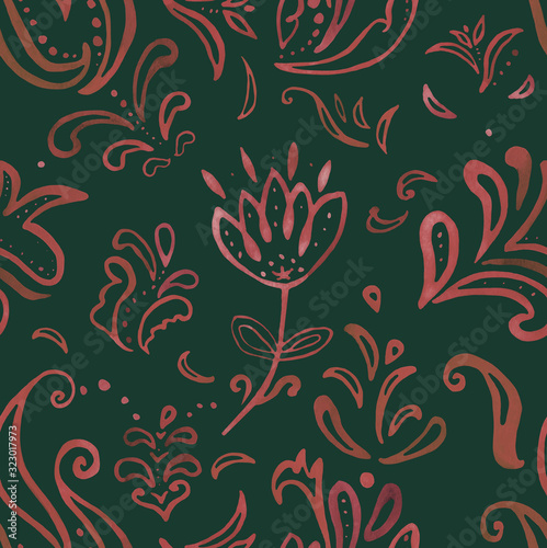 Seamless watercolor floral patterns in baroque style on a dark green background. Design for fabrics  wallpaper  scrapbooking  wrapping paper  interior decoration  illustrations