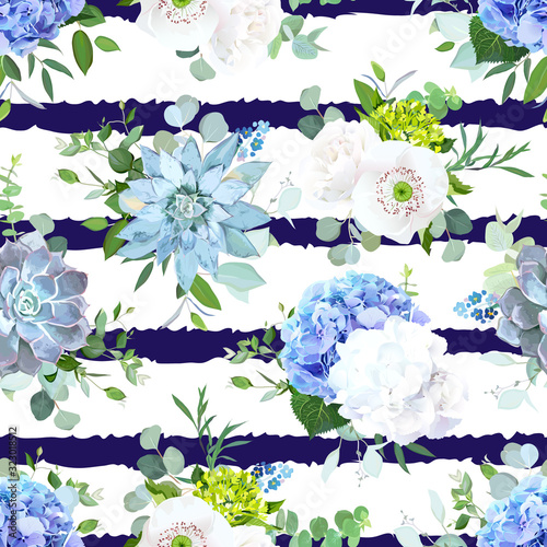 Blue and white summer flowers seamless vector design print.