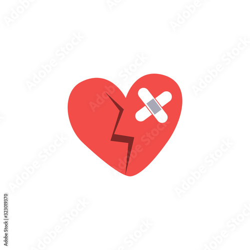 Vector illustration of broken heart  with crack and patch. Heart disease prevention concept. Cardiology icon. Love abuse therapy concept. 