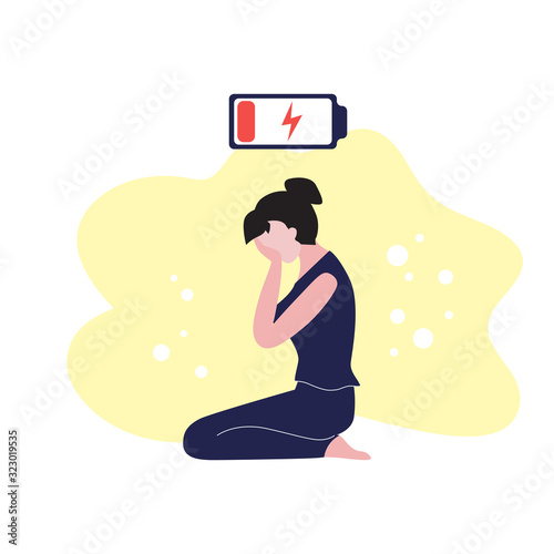 Vector flat illustration of woman in stress sitting on the floor and crying. Red lower buttery above her head. Burn out, stress on work, hard working concept