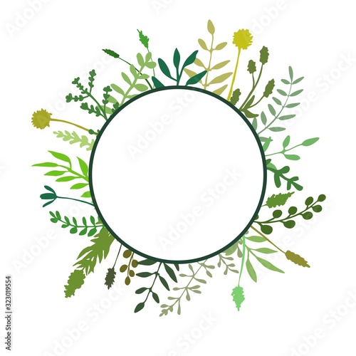 Floral wreath made of grass. Hand drawn wild herbs and flowers. Botanical illustration. Great to place text, quote or logo. Round frame or circle border. Vector
