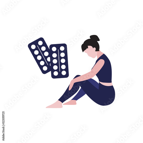 Vector illustration of white woman with  dark hairs sits on the floor and thinking around blister of pills or drugs. Depression, mental disease concept. 