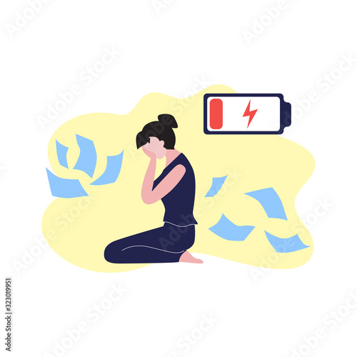 Vector illustration of sitting young girl or woman with dark hair crying on the floor around flying scattered papers or documents and empty battery. Burn out on work concept. Stress and deadline