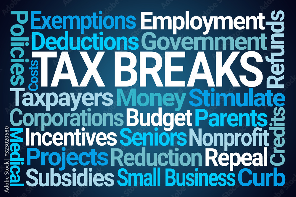 Tax Breaks Word Cloud on Blue Background Tax Breaks Word Cloud on Blue Background