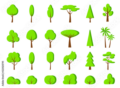 Green spring tree, bush flat cartoon icon set. Different shape simple forest, park, garden oak, birch, fir, palm, symbol. Summer season eco organic plant sign. Isolated on white vector illustration