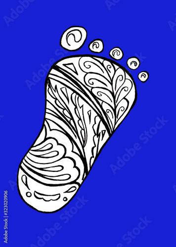 Human foot print. Doodle and zentangle style. Child baby foot Isolated on blue background. line art illustration for coloring book page. Hand drawn outline icon.