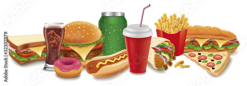 fast food items-hamburger, fries, hotdog, drinks, sandwich, baguette,pizza, tortilla wrap, donut	