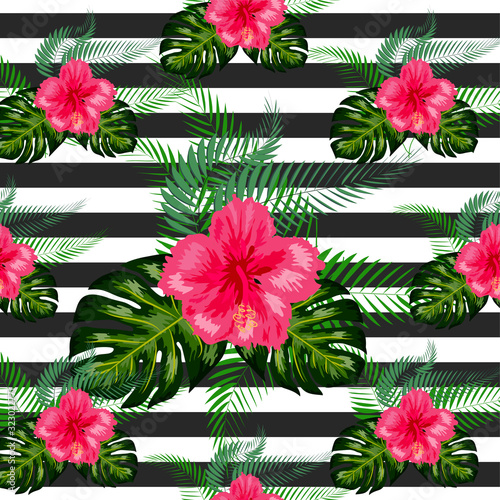 Tropical pattern. Tropical flowers and leaves for your design. Hibiscus, monstera leaf, palm leaves. Seamless pattern.