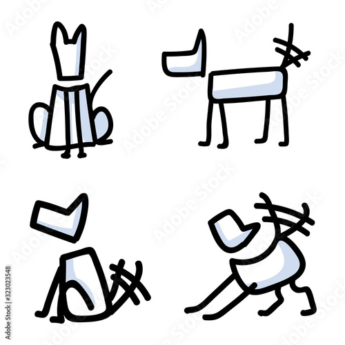 Cute stick figure dogs set wagging tail vector clipart. Bujo bullet journal style adorable cartoon puppy training to sit. Simple pet pooch care illustration. EPS 10. 