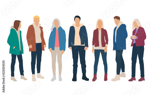Silhouettes of men and women, different colors, cartoon character, group of standing business people, flat icon design concept isolated on white background