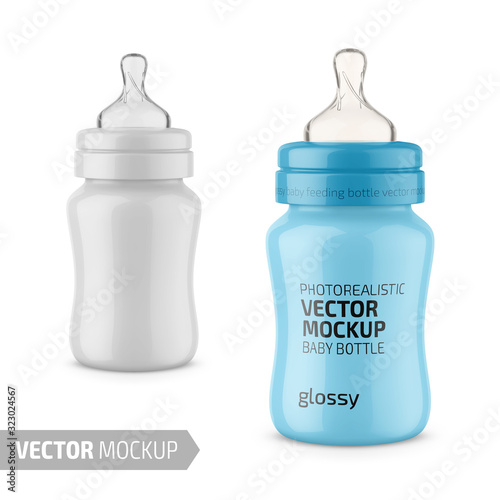 White glossy plastic baby bottle vector mockup.