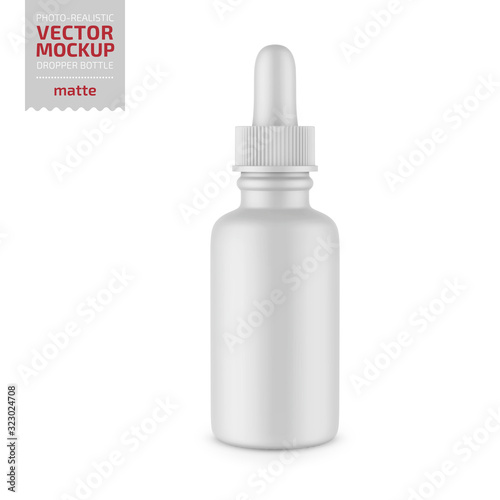 White matte plastic dropper bottle vector mockup.