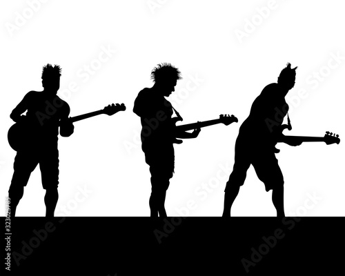 Rock musician with a bass guitar on stage. Isolated silhouettes on a white background