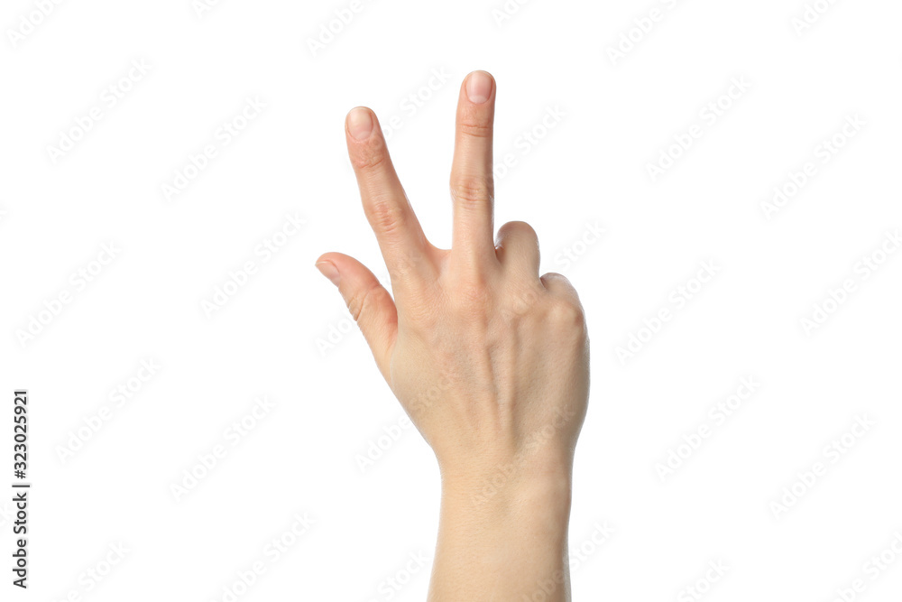 Woman hand showing three fingers, isolated on white background Woman hand showing three fingers, isolated on white background