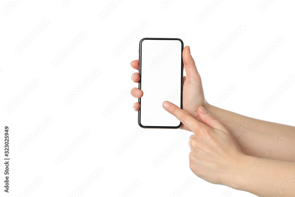 Female hands holding phone with empty screen, isolated on white background Female hands holding phone with empty screen, isolated on white background