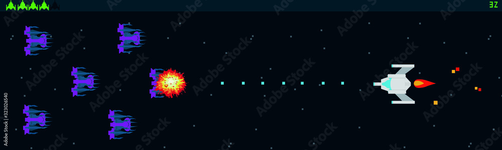 Retro video game, arcade warships, shooting, map background, vector graphic design illustration. Old computer games.