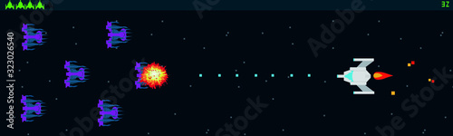 Retro video game, arcade warships, shooting, map background, vector graphic design illustration. Old computer games.