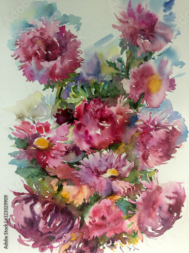 Abstract bright colored decorative background . Floral pattern handmade . Beautiful tender romantic bouquet of summer aster flowers   made in the technique of watercolors from nature.