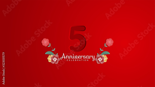 5th Anniversary celebration. Emboss number with Gradient red background and flowers decoration. Modern elegant simple background design vector EPS 10. Can be used for company or wedding. photo