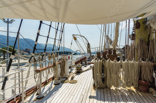 Sunny view of old training ship Jadran at the pier of Tivat, Montenegro.