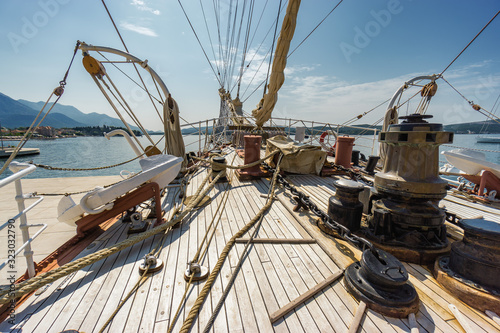 Sunny view of old training ship Jadran at the pier of Tivat, Montenegro.
