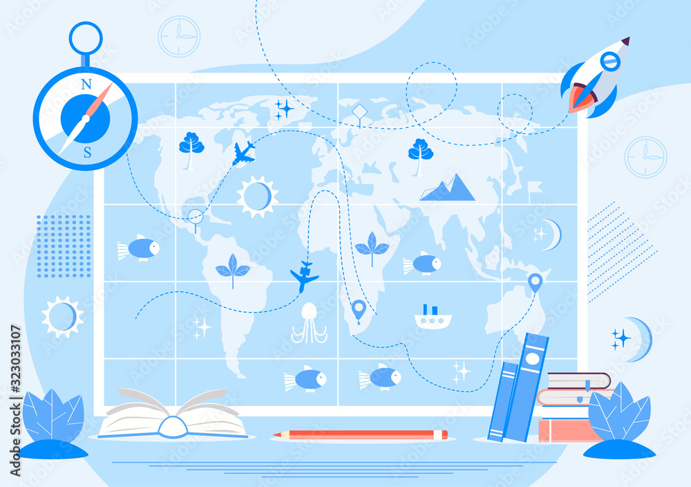 Image showcasing Atlas with metrics, compass, and oceans concept vector. Tiny ...