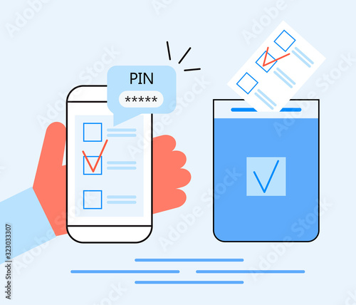 Online voting, electronic elections concept vector. Voter hand holding list newsletter with mark on phone screen. Political competition of candidates for president, senators and others.