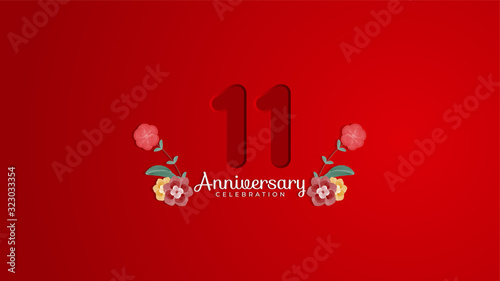 11th Anniversary celebration. Emboss number with Gradient red background and flowers decoration. Modern elegant simple background design vector EPS 10. Can be used for company or wedding. photo