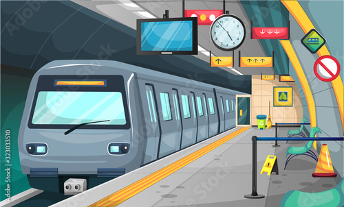 Clean Subway Train Station with Floor and Stop Sign, Chairs, Recycle Trash, Broom, Big Clock, TV Time for Vector Illustration Interior Design Ideas