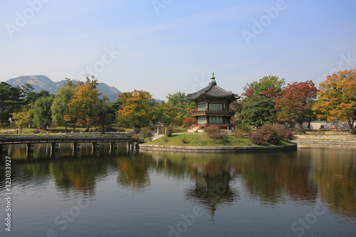 Hyangwon-jeong  an ancient pavilion constructed on an island in a lotus pond  in Gyeongbokgung  Gyeongbok Palace 