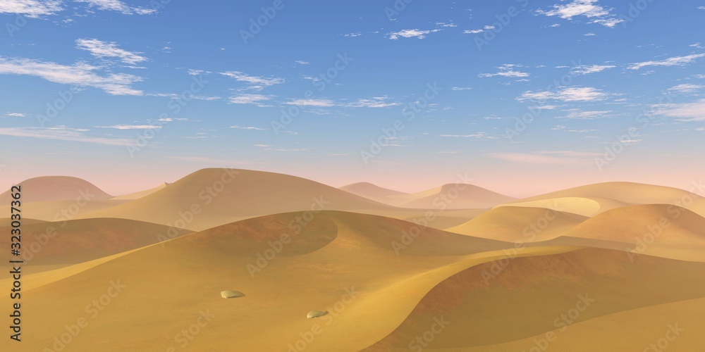 Sand desert at sunset under the sky with clouds
