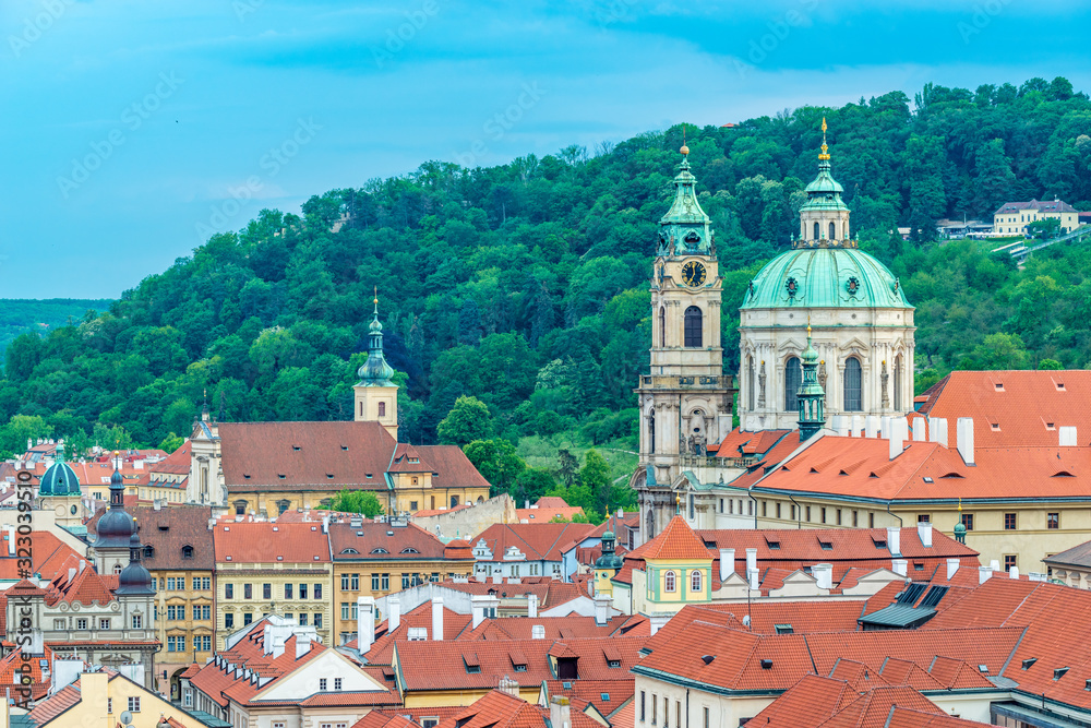 Obraz premium Top view to red roofs and green trees skyline of Prague city Czech republic.
