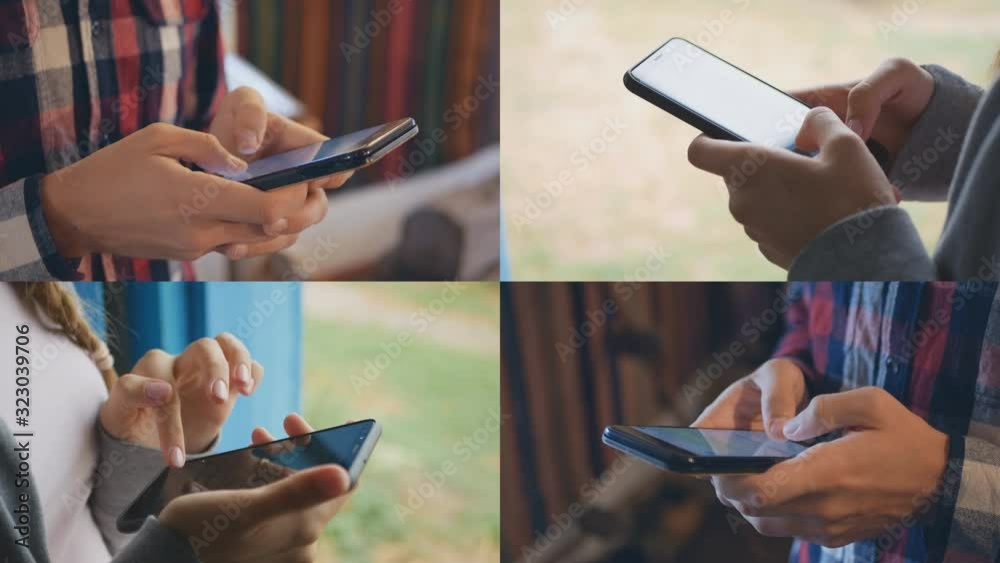 Collage of people hands using mobile phone
