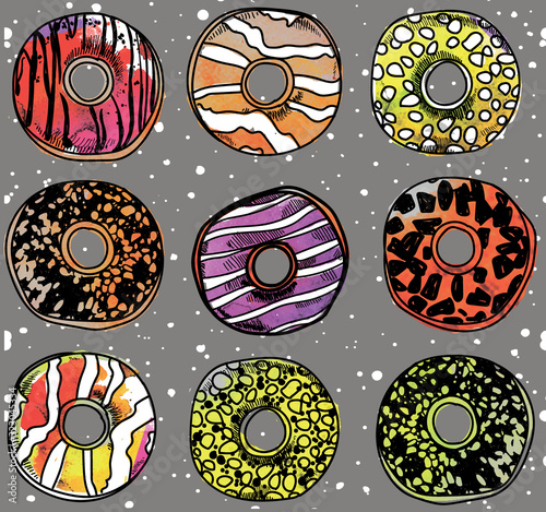 Seamless pattern with donuts. Stylish background with sweets. Drawing by hand. Bright, colorful background food. 