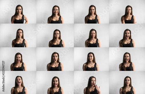 Set of young woman's portraits with different emotions. Young beautiful cute girl showing different emotions. Laughing, smiling, anger, suspicion, fear, surprise. photo