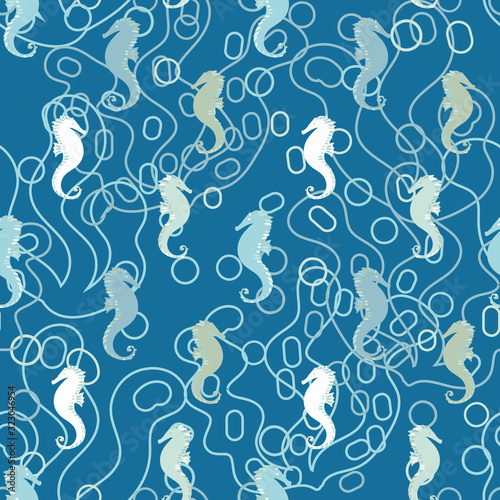 Seahorses monochromatic marine seamless vector pattern in blue colors. Decorative surface print design.