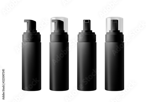 Realistic black blank bottle with dispenser isolated on white background