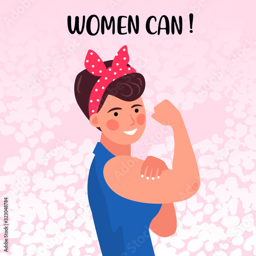 "Woman can do it" flat vector poster. Vintage pinup female showing fist. Girl power hand drawing.  Pretty, positive, inspiring character on pink abstract background.