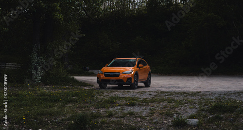 orange car parked in a dark forest at dusk